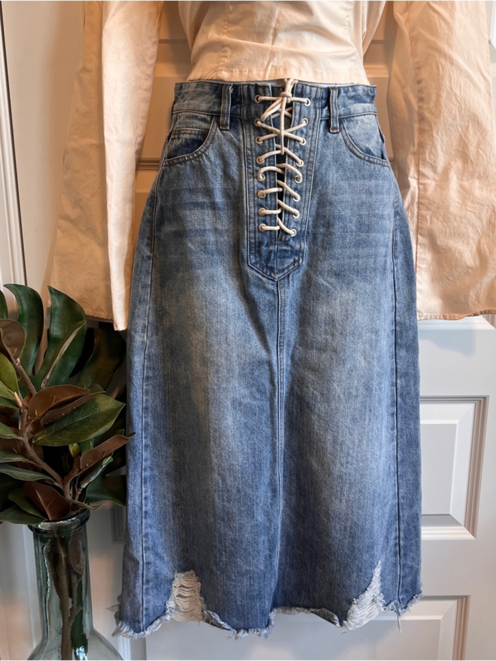 ¡¡¡¡PUPU Distressed Denim Lace Up Skirt Boho Grunge Festival Free People Style